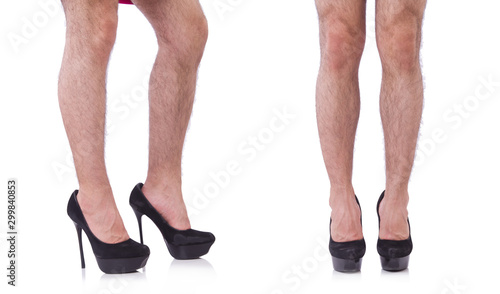 Foto Man wearing woman shoes isolated on white