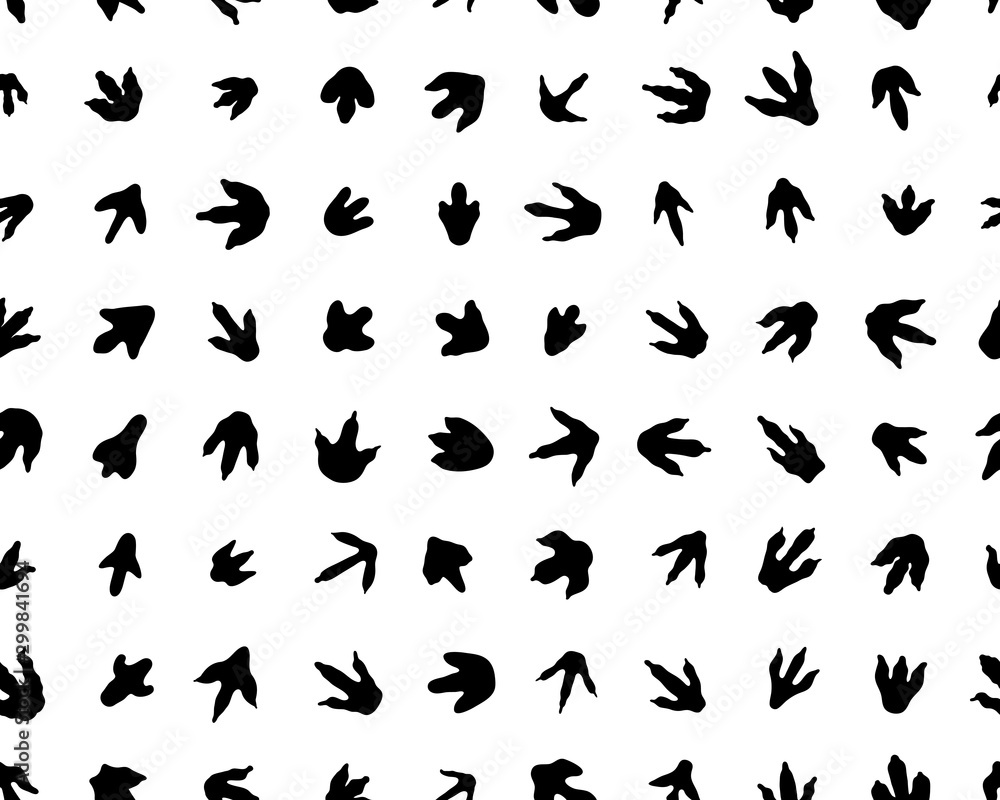 Black trace of dinosaurs on white background, seamless vector wallpaper 