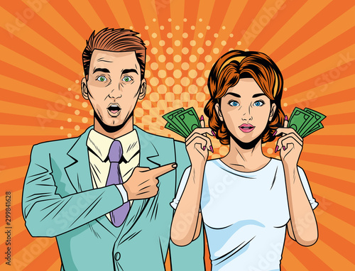 business couple with bills dollars pop art style characters