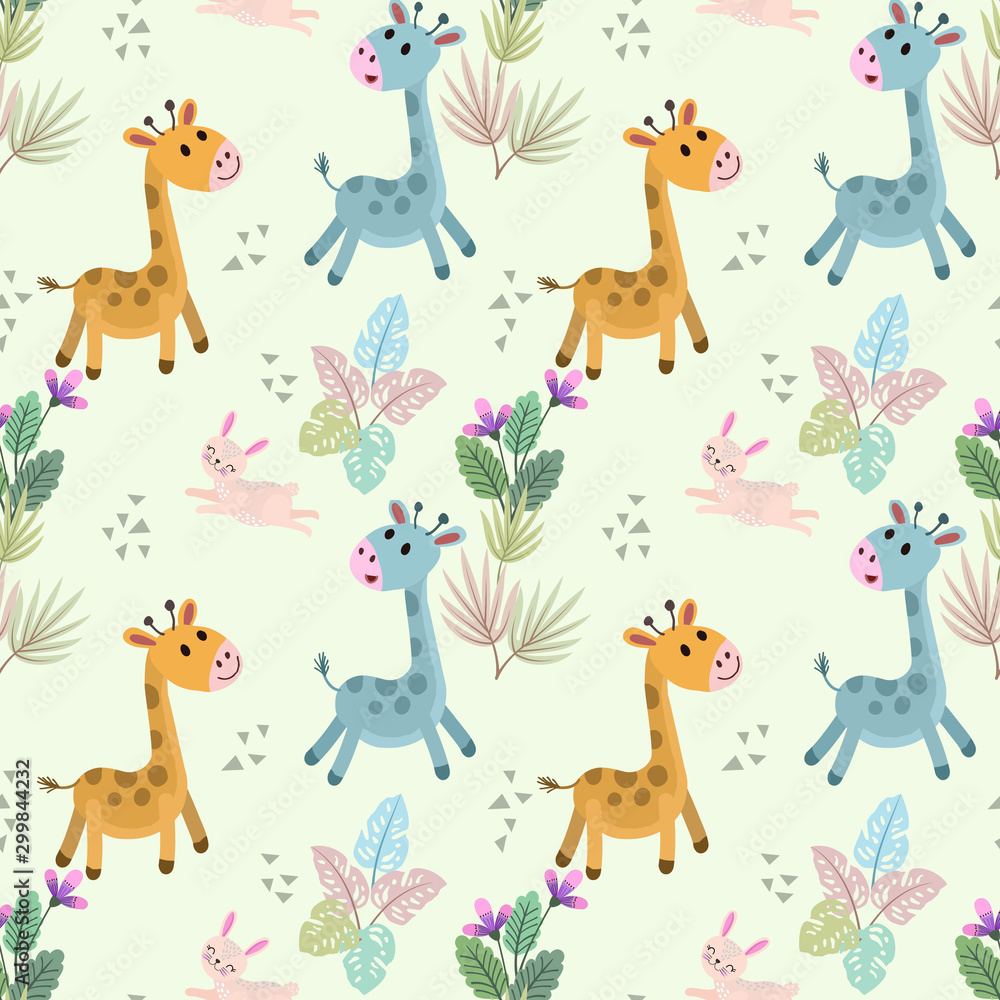 Obraz premium Cute gartoon giraffe and rabbit seamless pattern.