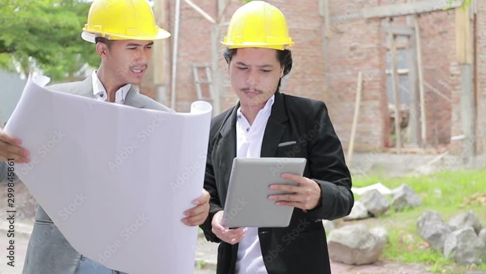 two building designers discussing construction plan using tablet pc in front of unfinished house two building designers discussing construction plan using tablet pc in front of unfinished house