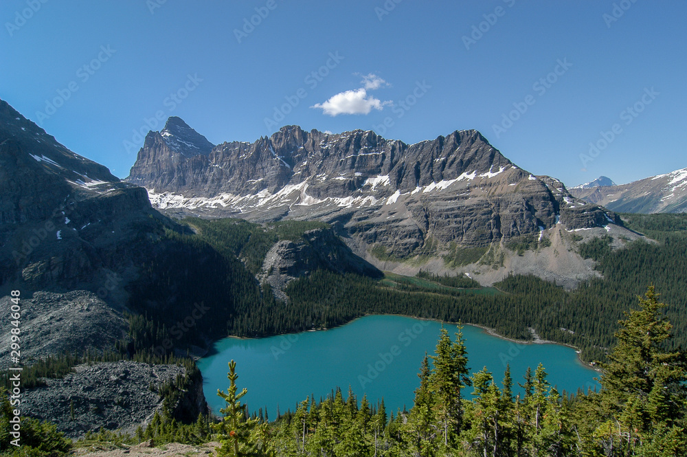 Mt. Biddle and Mt. Schaffer towering over glacier fed turquoise colored Lake O'Hara under a blue sky, Yoho National Park, British Columbia, Canada
