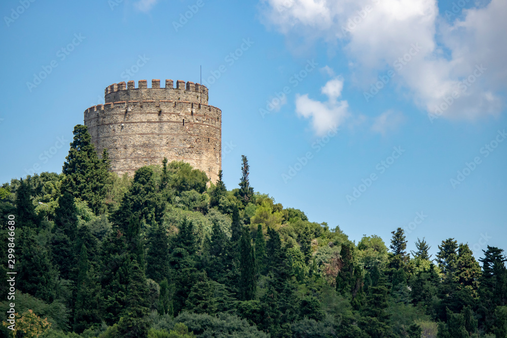 View of the castle from Rumeli fortress through the trees. View of the castle from Rumeli fortress through the trees.
