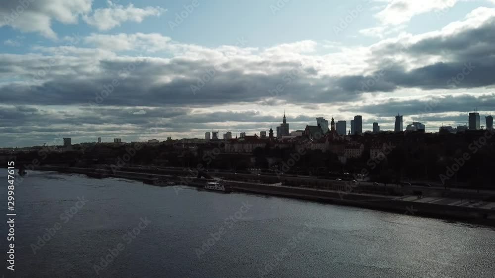 Takeoff on the background of the Warsaw downtown and the Vistula River, traffic, Poland, Warsaw Takeoff on the background of the Warsaw downtown and the Vistula River, traffic, Poland, Warsaw