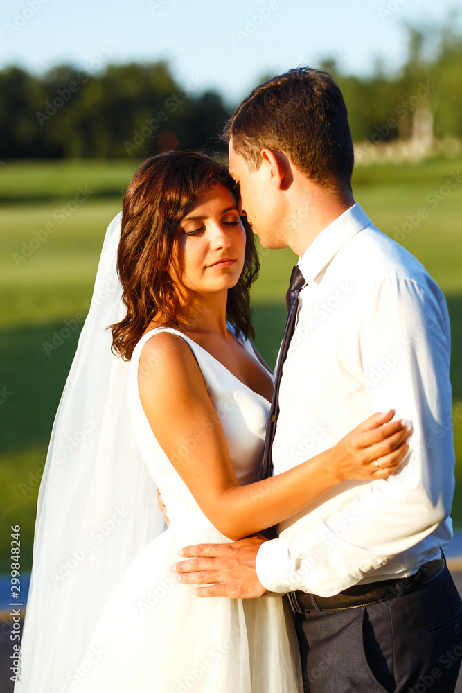 Lovely wedding couple at sunset. Bride and groom in wedding attire with a bouquet of flowers is in the hands against the backdrop of the green field at sunset. Romantic Married young family. Lovely wedding couple at sunset. Bride and groom in wedding attire with a bouquet of flowers is in the hands against the backdrop of the green field at sunset. Romantic Married young family.