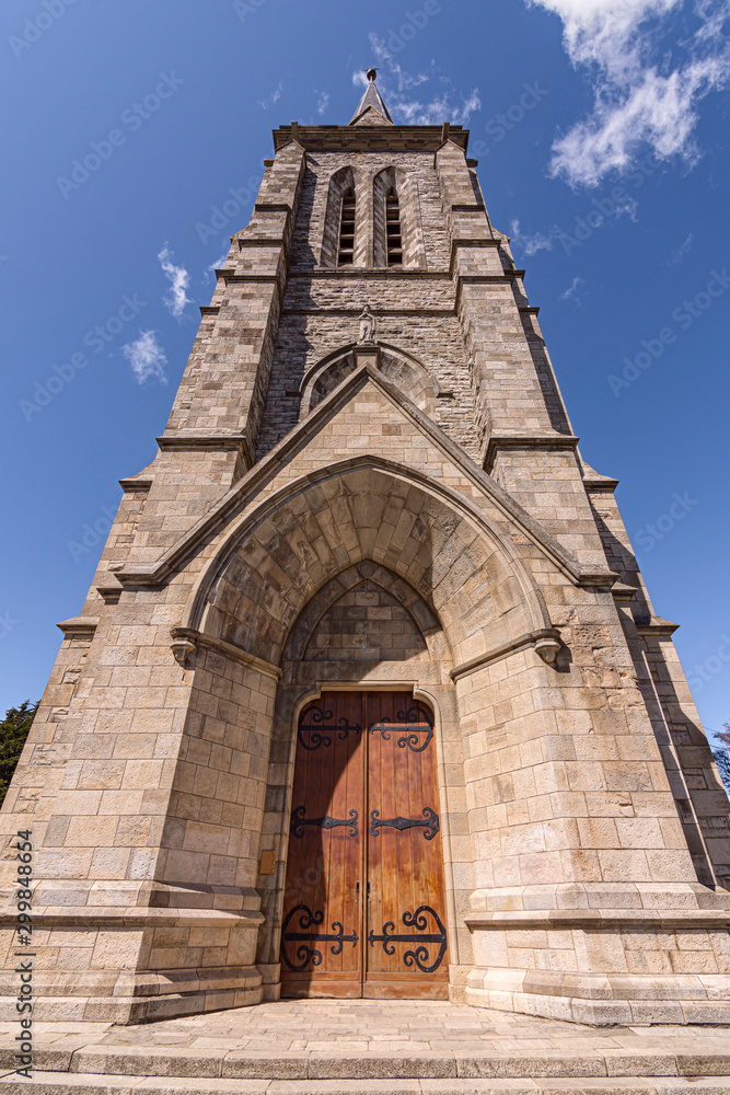 Exterior view of an old Gothic style Cathedral of Our Lady of Nahuel Huapi in San Carlos de Bariloche, Argentina