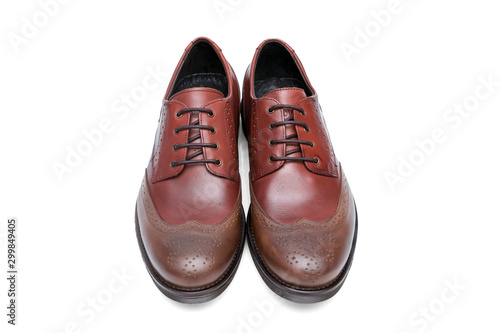 Pair of male purple leather shoes on white background, isolated product, top view.