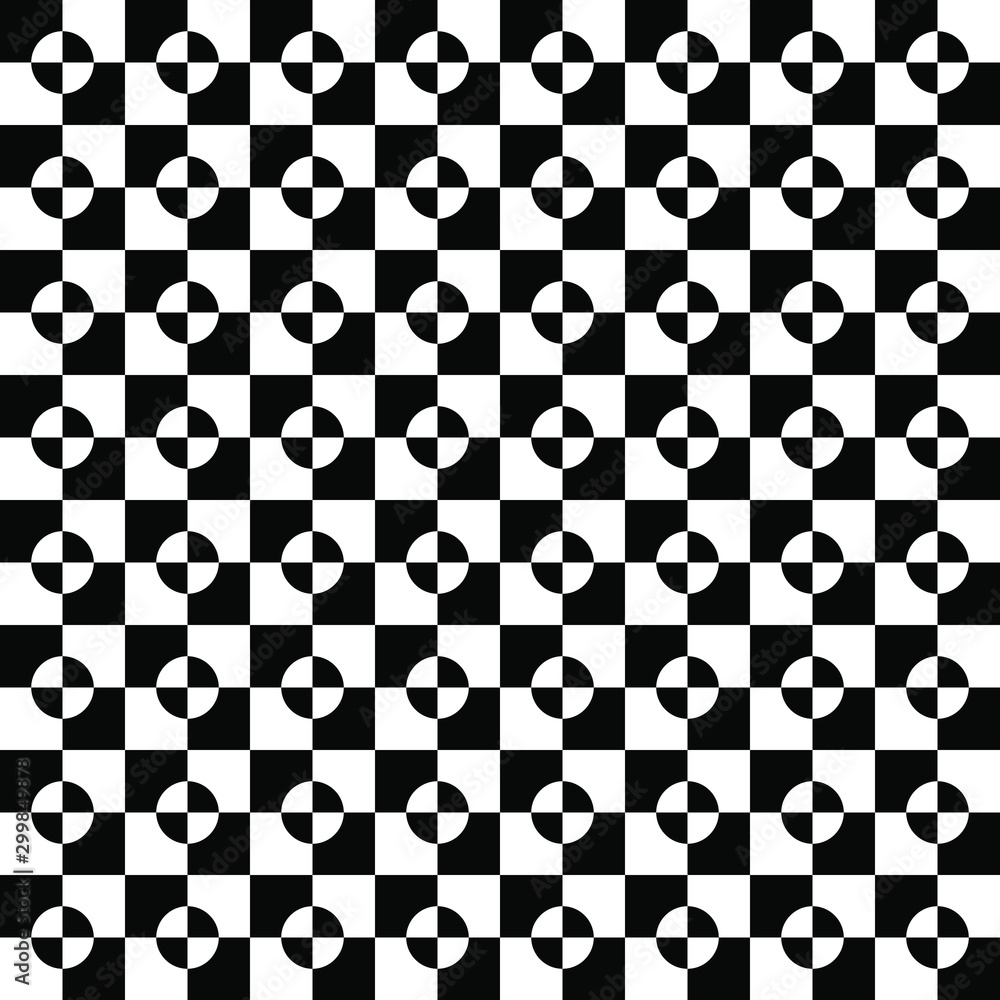 Black and white square shapes and circles. Op art. Abstract monochrome background. Modern seamless pattern for web pages, prints, template and textile design
