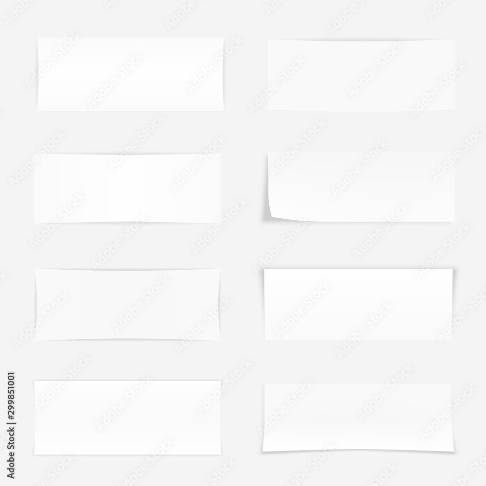 Vector set of 8 different paper sheets with shadows. Realistic empty white paper sheets on light grey background. It can be used as a mock up, templates, backgrounds for your own projects. EPS10 file.