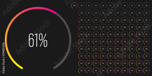 Set of circular sector percentage diagrams meters from 0 to 100 ready-to-use for web design, user interface UI or infographic - indicator with gradient from yellow to magenta hot pink