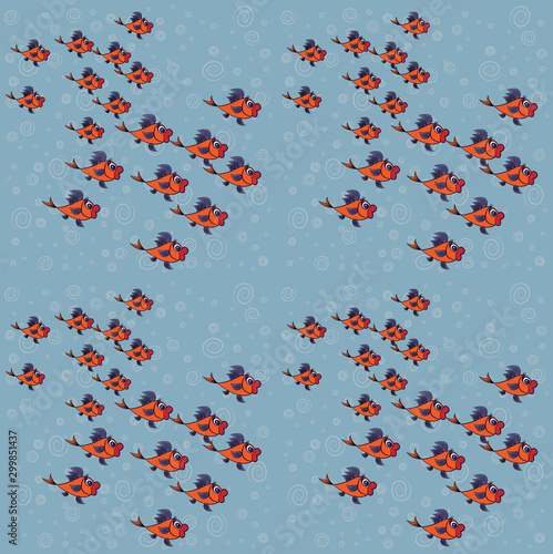 a surprised flock of goldfish with purple fins on a background of blue water and bubbles