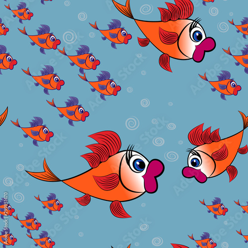 a surprised flock of goldfish with purple fins on a background of blue water and bubbles
