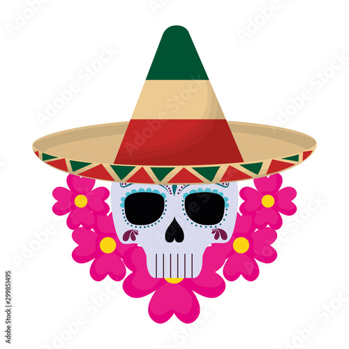 skull death with hat traditional mexican and flowers