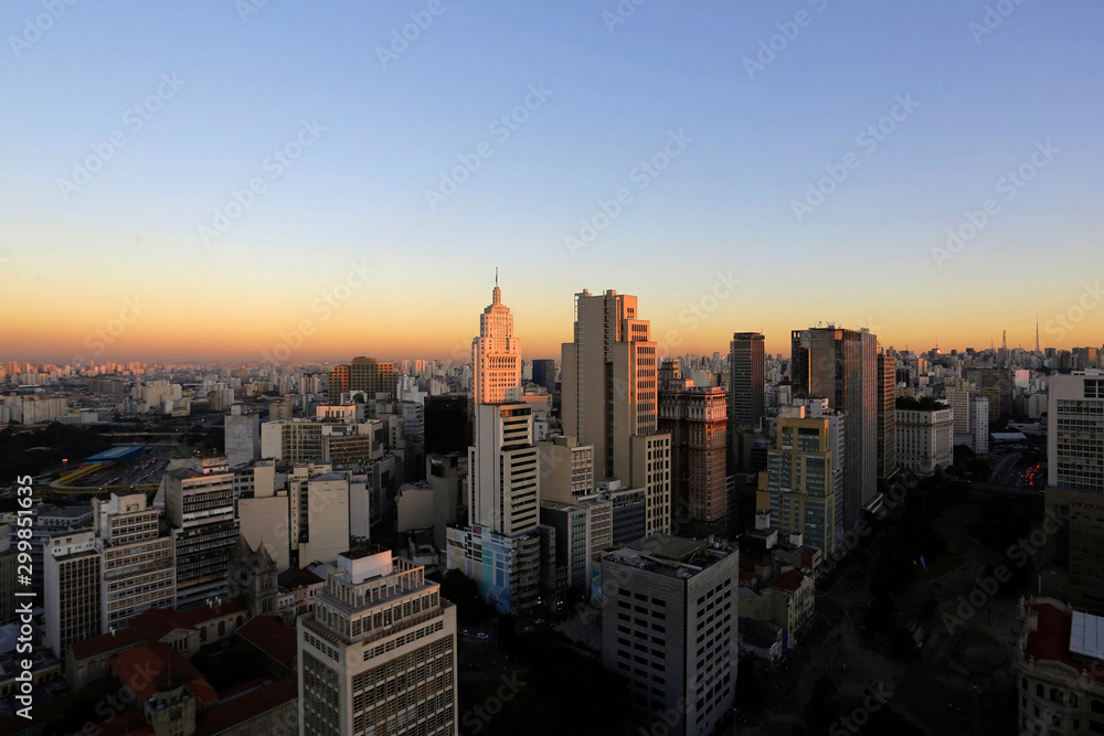 Aerial view of downtown Sao Paulo, Brazil, at sunset.