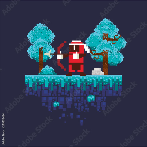 video game archery warrior in pixelated scene