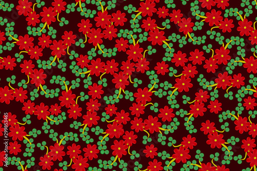 Seamless floral ornament with red flowers on a black background.