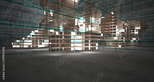 Abstract architectural wood and glass interior from an array of white cubes with neon lighting. 3D illustration and rendering.