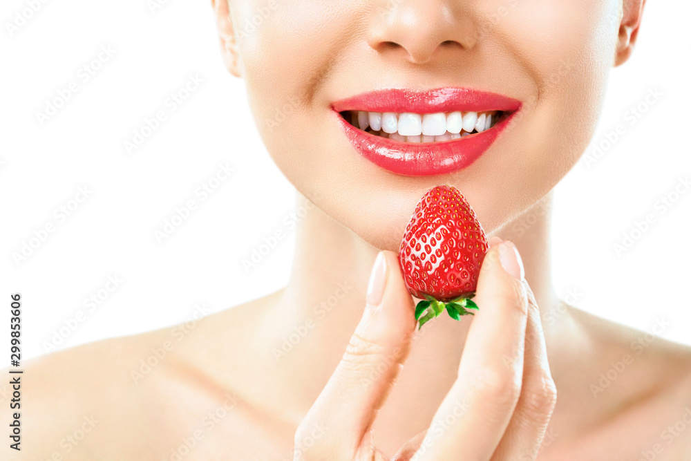 Lips. Woman With Red Lipstick And Strawberry. Close Up Of Plump Full Sexy Lips With Professional Lip Makeup Holding Berry In White Healthy Teeth. Beauty And Cosmetics Concept. Lips. Woman With Red Lipstick And Strawberry. Close Up Of Plump Full Sexy Lips With Professional Lip Makeup Holding Berry In White Healthy Teeth. Beauty And Cosmetics Concept.