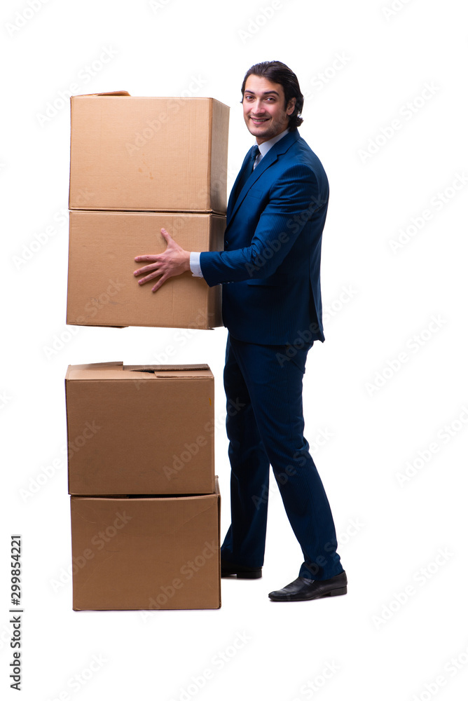 Young male employee with boxes isolated on white Young male employee with boxes isolated on white