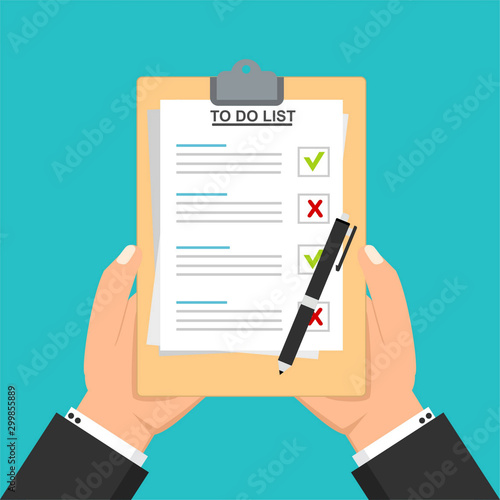 hand of businessman hold clipboard to do lists concept with pen vector illustration template