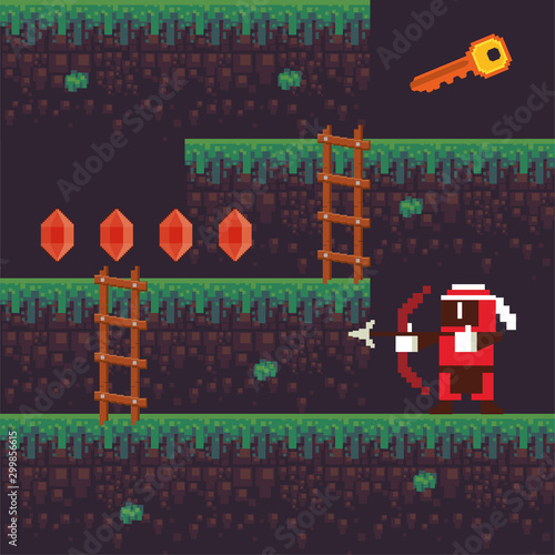 video game archery warrior in pixelated scene