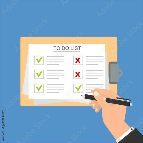 Hands holding clipboard with to-do list template and pencil. filling out forms design vector illustration template