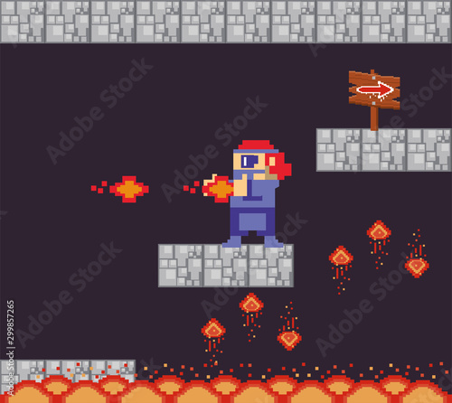 video game warrior shooting in pixelated scene