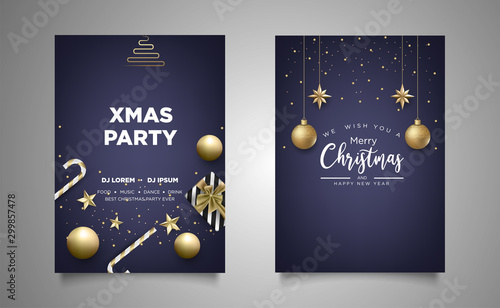 christmas banner, greeting card with realistic decorative elements on wood background