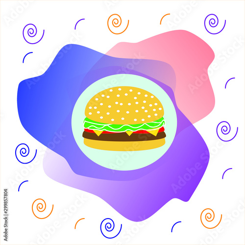 Abstract banner with forms of liquid. Burger concept vector cartoon flat and Doodle illustration. delicious fresh hamburger, cheeseburger. Fast food.