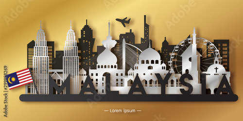 Malaysia with Gold Travel postcard panorama, poster, tour advertising of world famous landmarks in paper cut style.