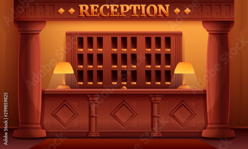 Cartoon reception interior of a vintage old hotel, vector illustration