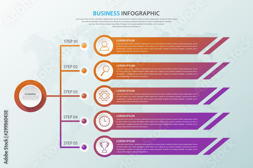 Business data visualization, Infographic element with icons and 5 options, Can be used for process, presentation, diagram, workflow layout, info graph, web design, Vector bussines template.