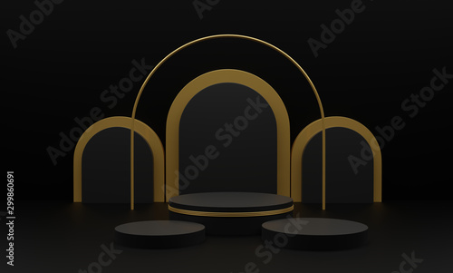 3d rendered illustration with geometric 3 shapes. gold cylinder podium platforms for cosmatic product presentation. Abstract composition in modern style.