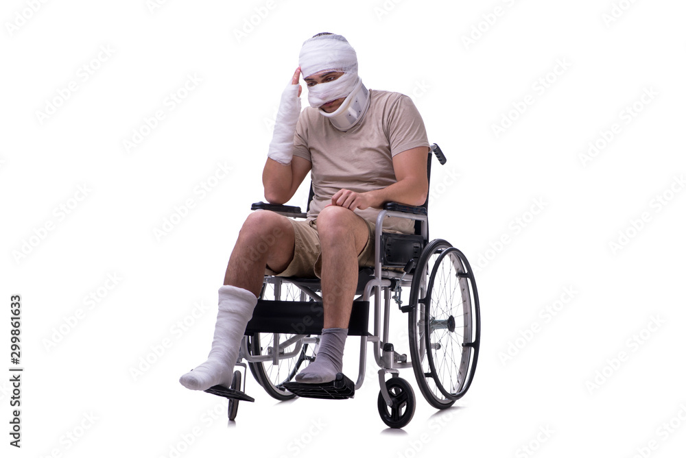 Injured man in wheel-chair isolated on white Injured man in wheel-chair isolated on white