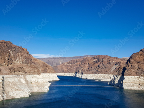 Hoover Dam reservoir. Hoover Dam in United States. Hydroelectric power station on the border of Arizona and Nevada. 