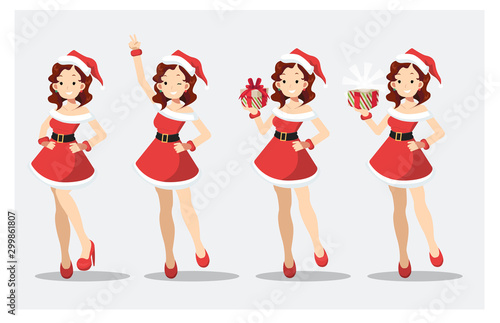 Set of cute pretty sexy woman in Sandy/Santa claus costume dress. flat vector.