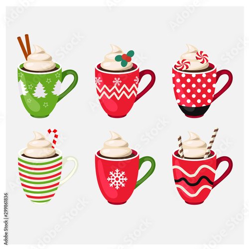 Set of winter holiday Christmas cup with hot drink. Vector illustration