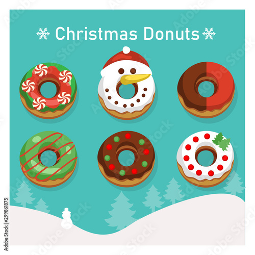 Set of variety colorful donuts in Christmas theme.
