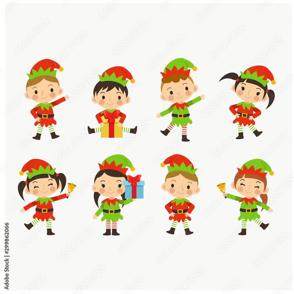 Collection of Christmas Elves isolate. Little santa helper. Young lovely cute kids in Christmas Elf costume.