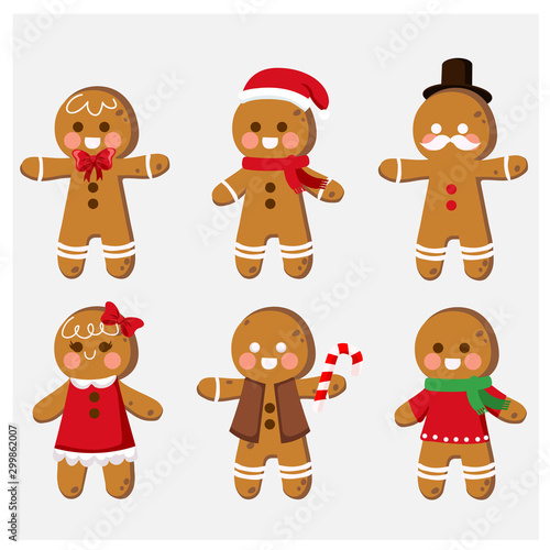 Set of cute cartoon gingerbread man cookies Clip-art. Christmas vector illustration.