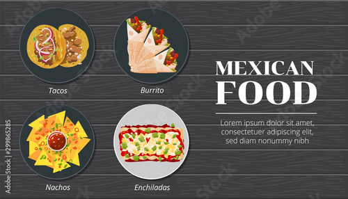 Tacos,nachos,burrito,enchiladas mexican food menu vector graphic design