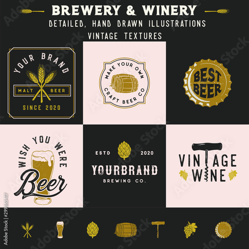 Beer, Liquor and Wine Icons and logo mockups. Textured, hand drawn illustrations.