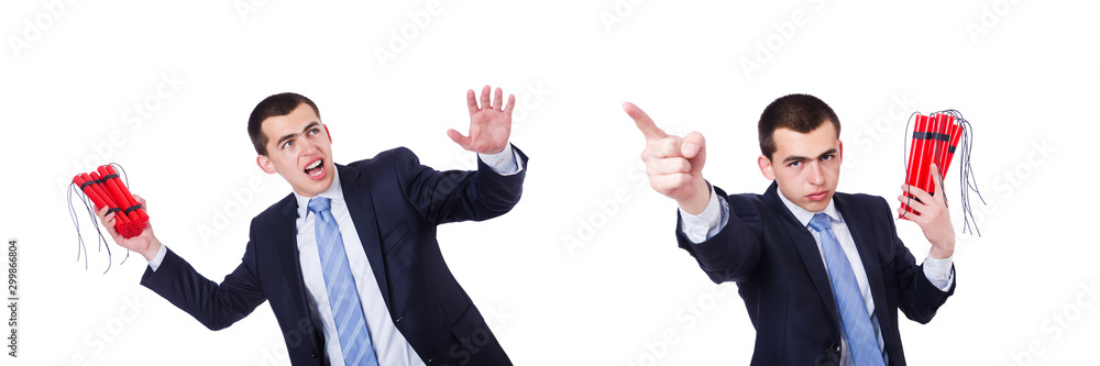 Businessman with dynamite isolated on white Businessman with dynamite isolated on white