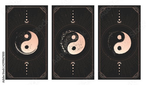 Vector set of three yin yang signs on dark backgrounds with geometric shape, grunge textures and frames.