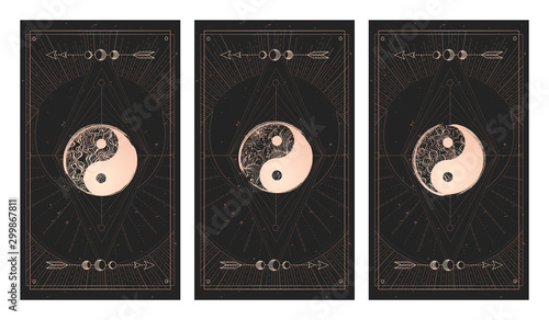 Vector set of three yin yang signs on dark backgrounds with geometric shape, grunge textures and frames.