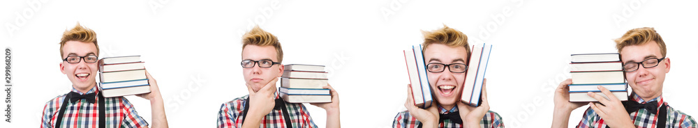 Funny student with stack of books