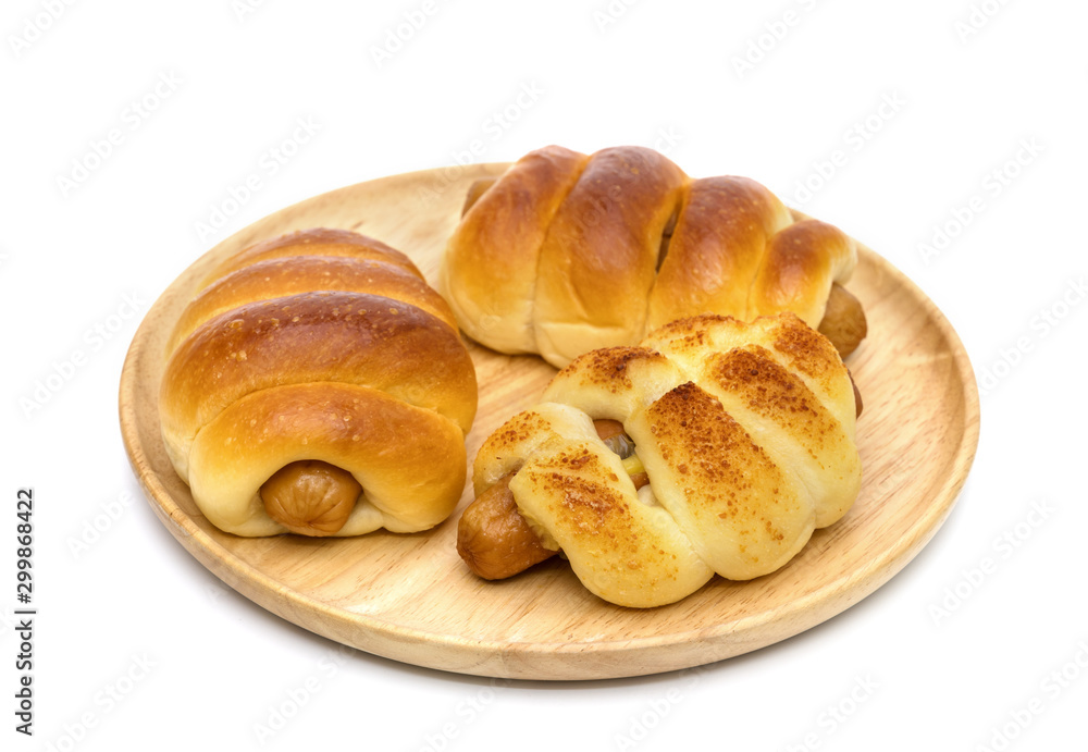 Cheese Sausage bread on wooden dish ,isolated on white background Cheese Sausage bread on wooden dish ,isolated on white background