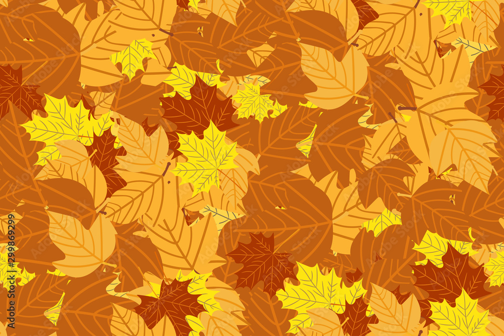 Seamless pattern. Fallen autumn foliage background. Colorful vector illustration, seasonal texture with leaves of trees. Design of websites, postcards, signs, web pages, banners.Vector illustration.