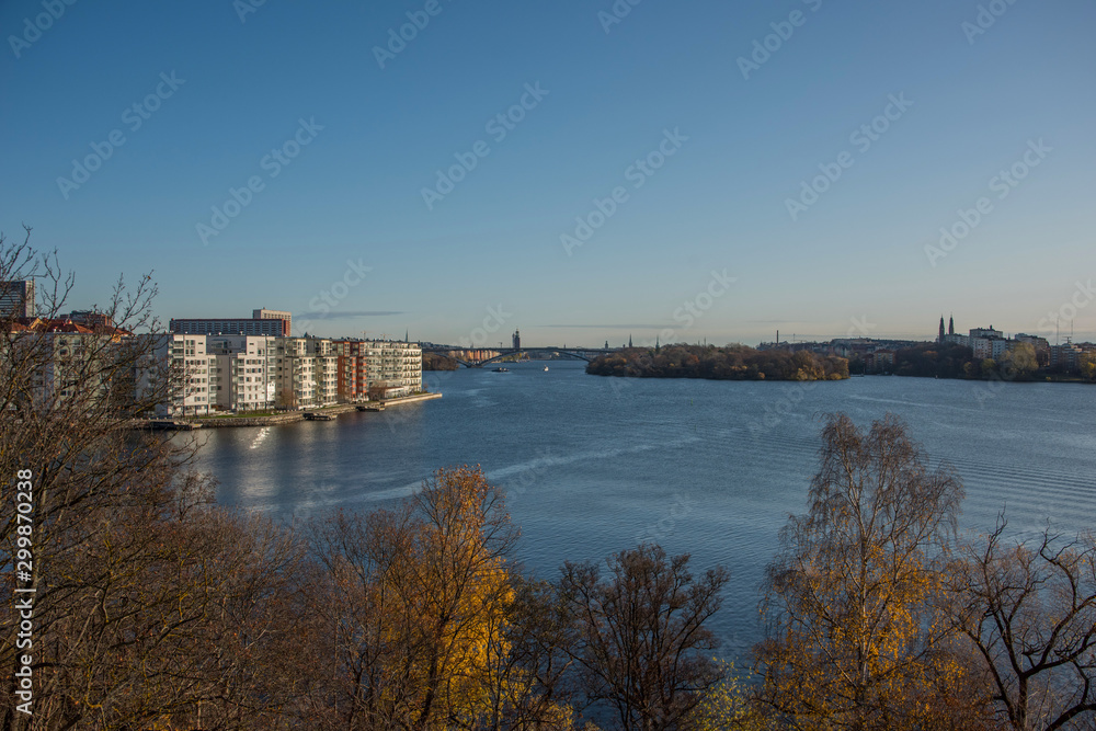 Sunny autumn view over Stockholm districts at the lake Mälaren Essinge, Kungsholmen and Långholmen 