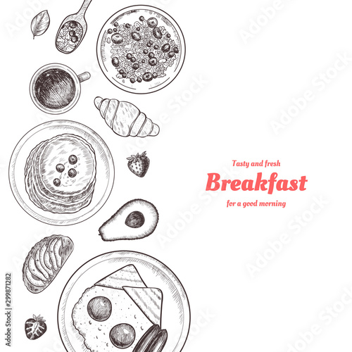 Healthy breakfast  frame. Breakfast table with pancakes, fried eggs, granola and fresh berries. Hand drawn illustration. Vintage style